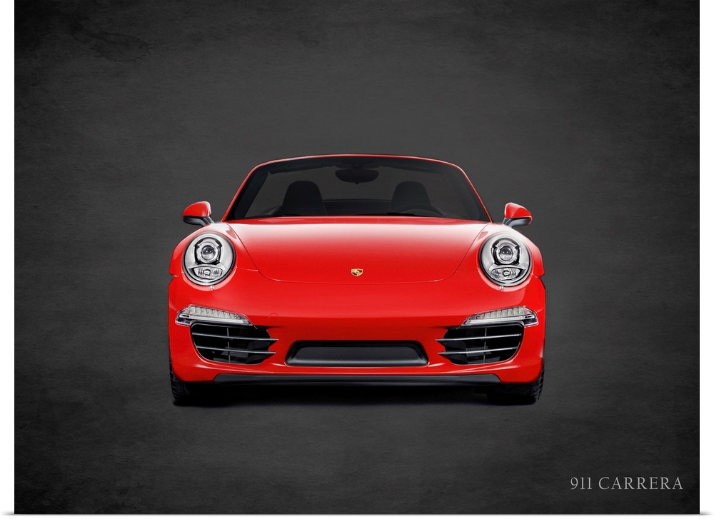 Photograph of a red Porsche 911 Carrera printed on a black background with a dark vignette.