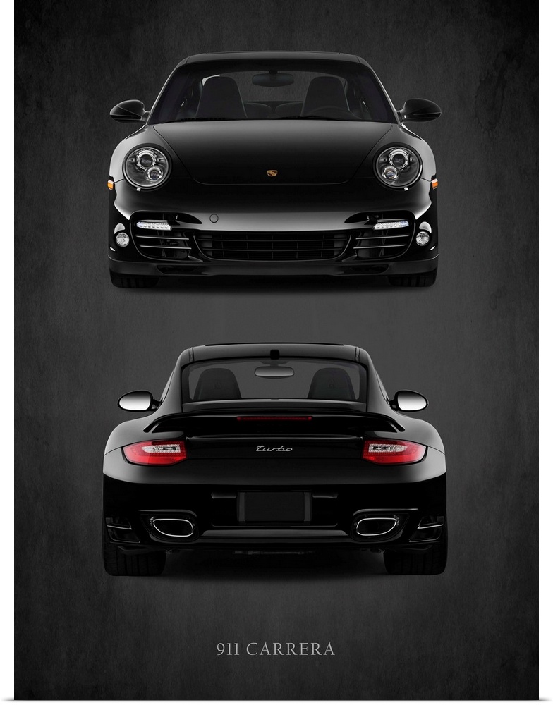 Photograph of the front and back view of a black Porsche 911 Carrera Turbo printed on a black background with a dark vigne...