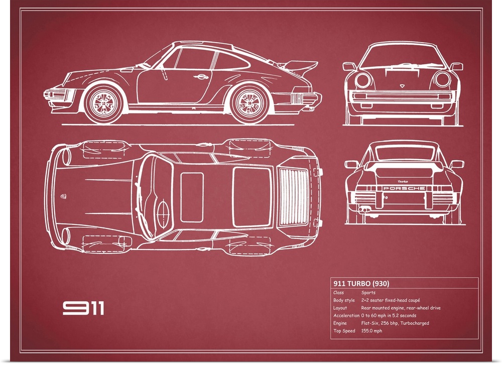 Antique style blueprint diagram of a Porsche 911 Turbo 1977 printed on a red background