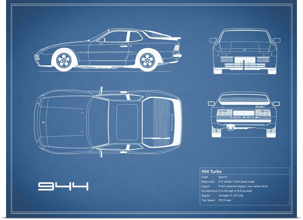 Antique style blueprint diagram of a Porsche 944 Turbo printed on a Blue background