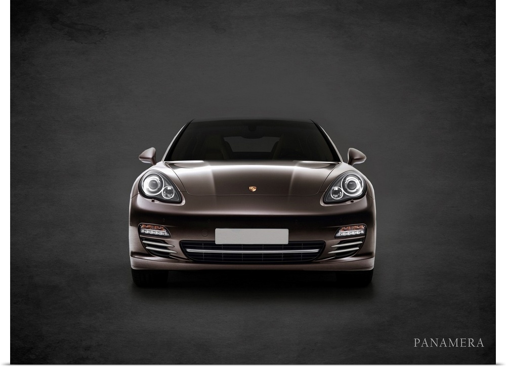 Photograph of a Porsche Panamera printed on a black background with a dark vignette.