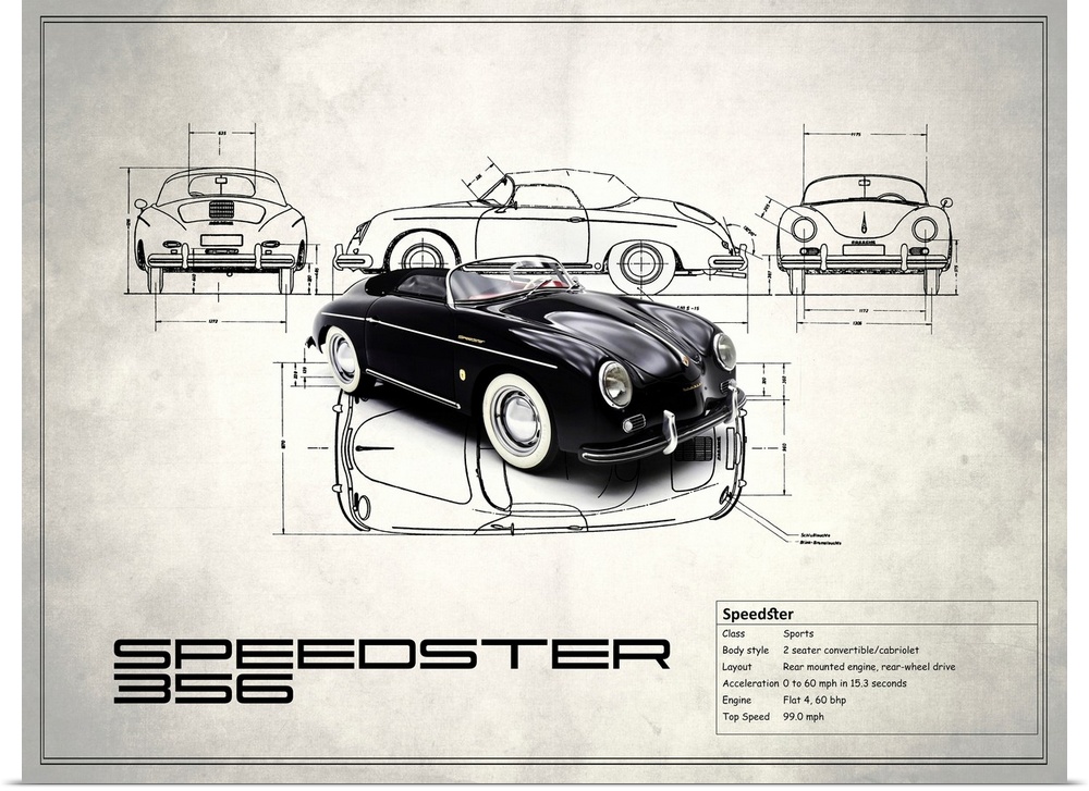 Diagram of a black Porsche Speedster 1959 printed on a white background