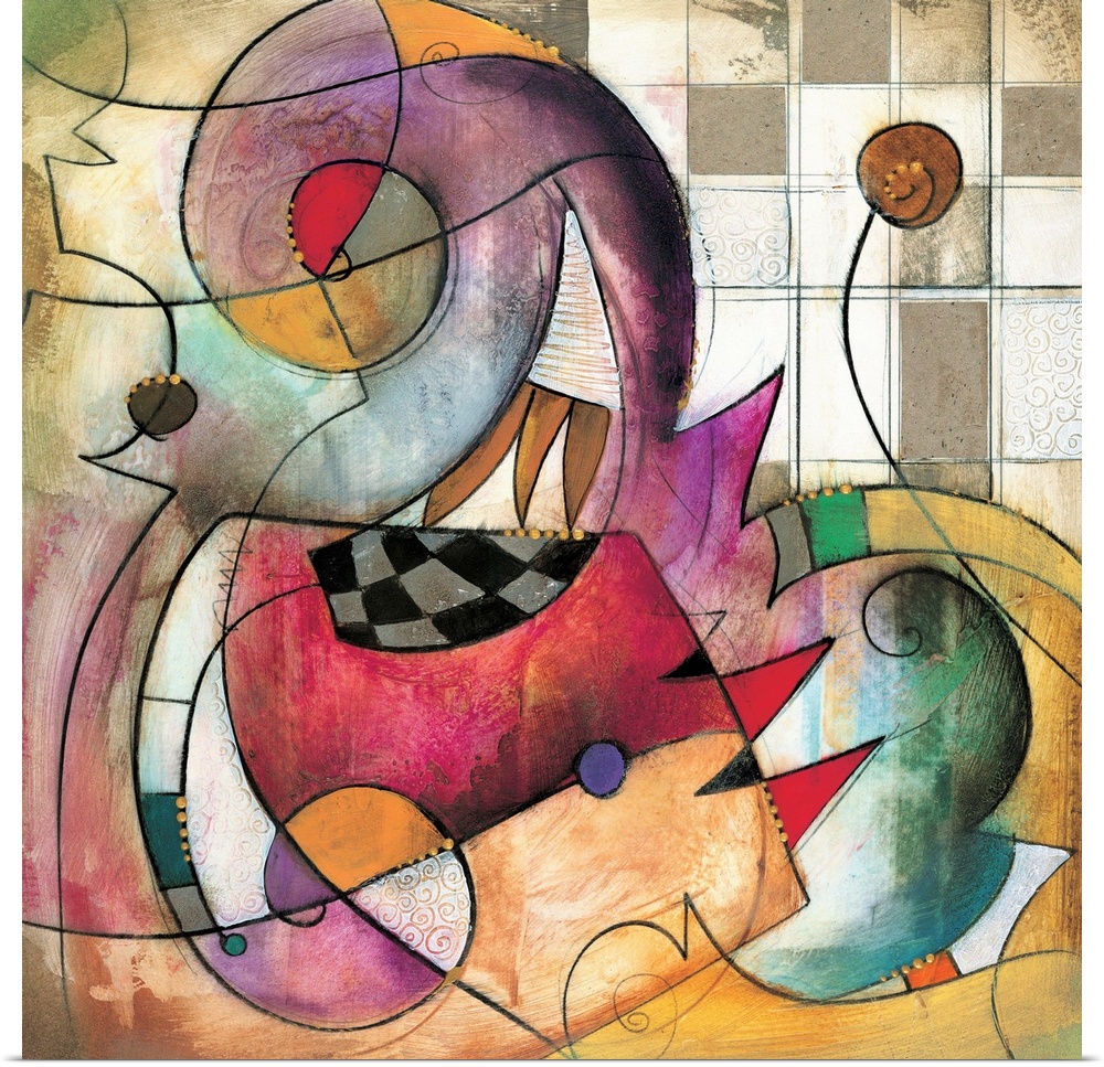 Primo II by Eric Waugh.  A colorful square abstract painting of striking shapes against a checkered background.