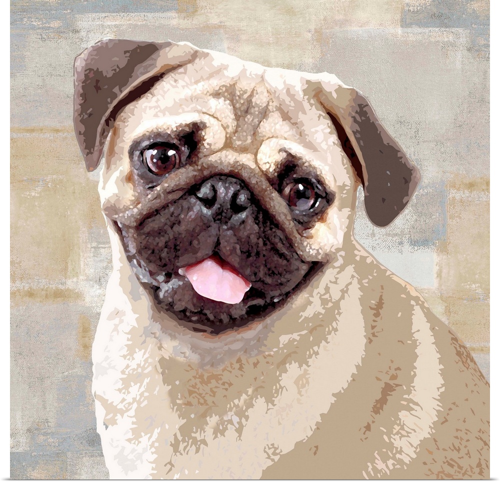 Square decor with a portrait of a Pug on a layered gray, blue, and tan background.