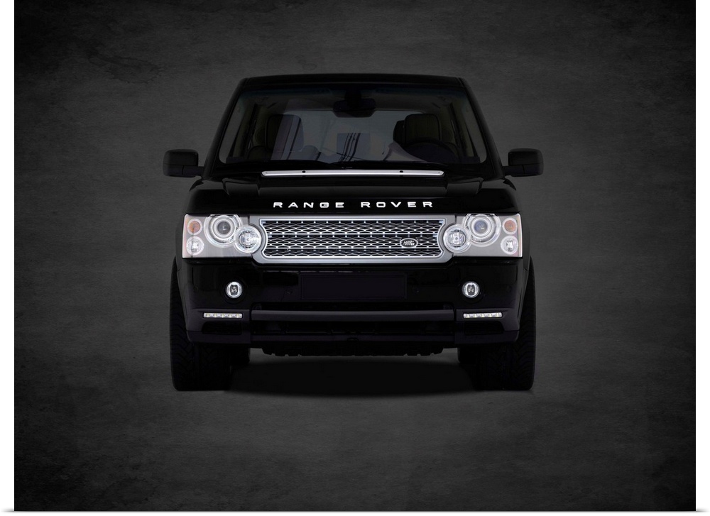 Photograph of a black Range Rover printed on a black background with a dark vignette.