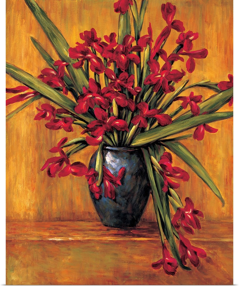Contemporary painting of red irises in a vase with an orange, red, and brown background.