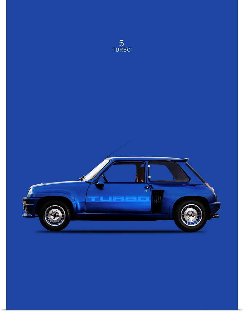Photograph of a blue Renault 5 Turbo 1983 printed on a blue background