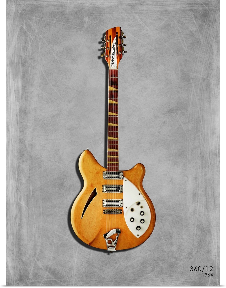 Photograph of a Rickenbacker 360 12 printed on a textured background in shades of gray.