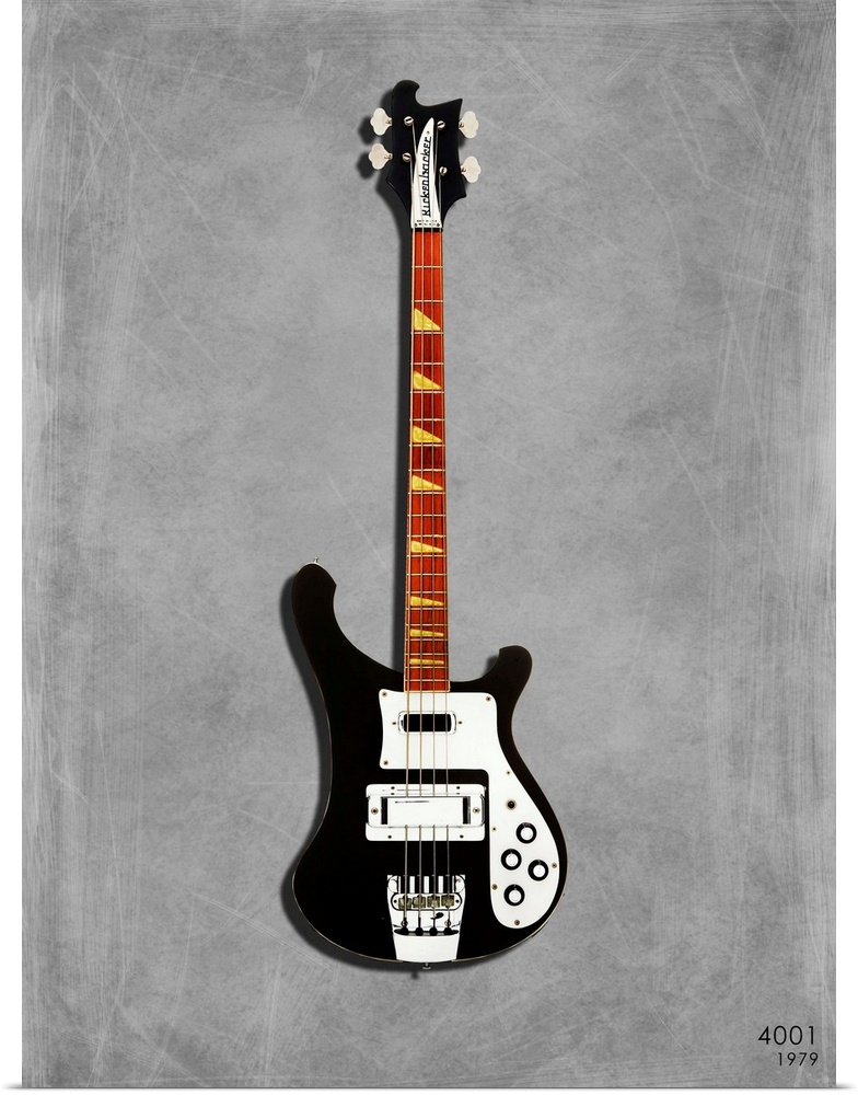 Photograph of a Rickenbacker 4001 1979 printed on a textured background in shades of gray.