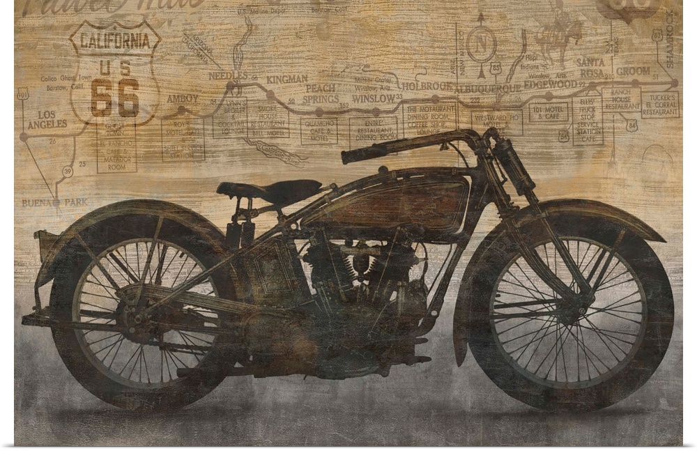 Vintage decor with an illustration of a motorcycle and a California US 66 map in the background.