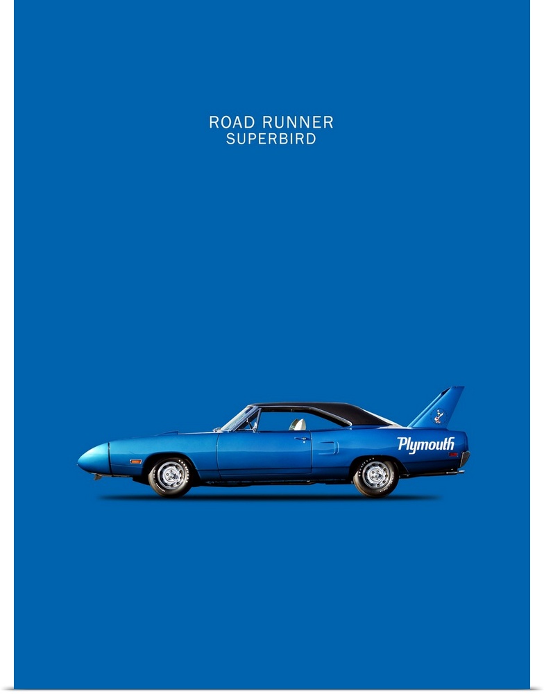 Photograph of a blue Road-Runner Superbird 1970 printed on a blue background