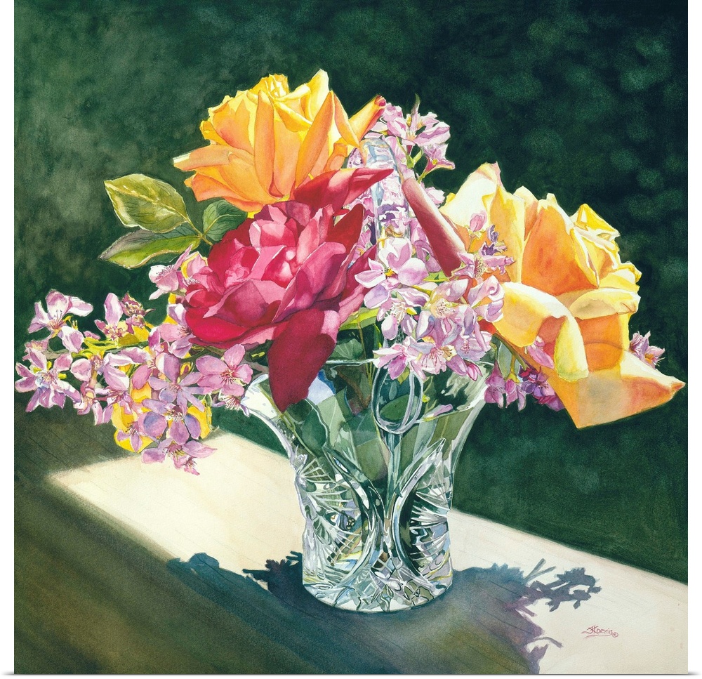 Square still life watercolor painting of beautifully arranged flowers in a crystal vase.