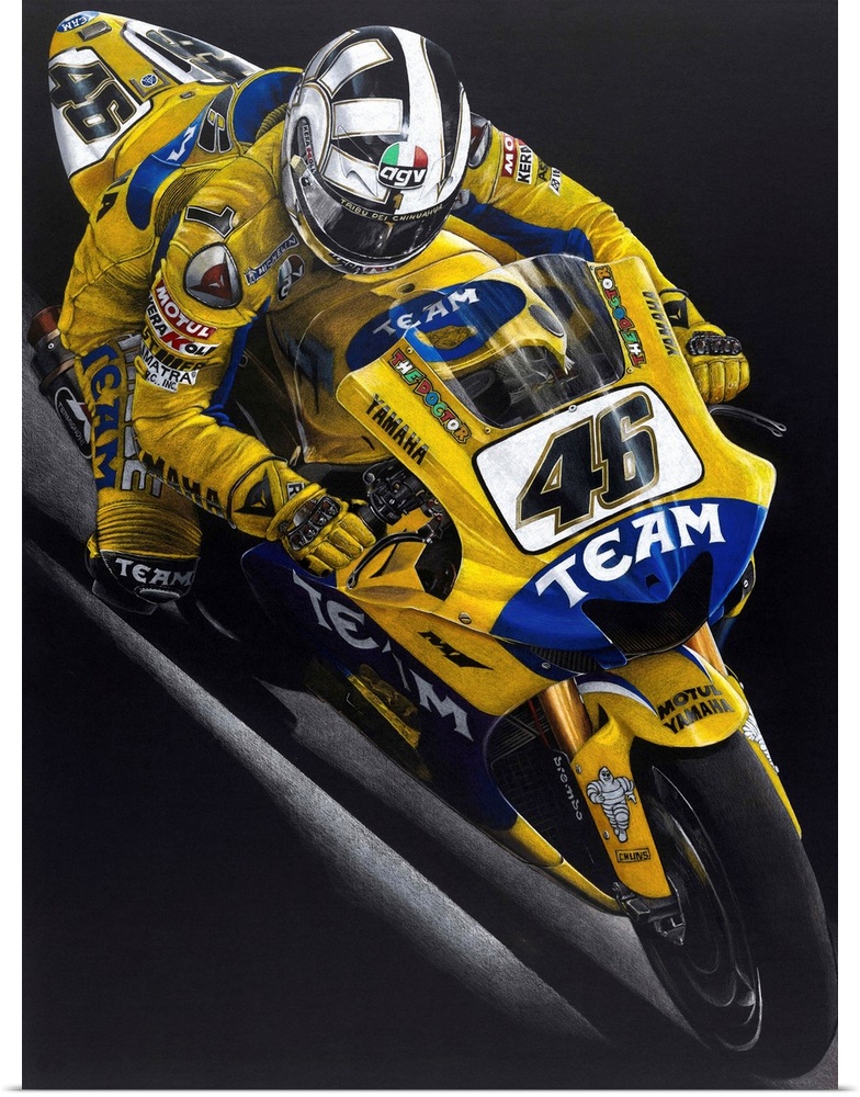 Illustration of a yellow and blue racing Yamaha bike in action, on a black background.