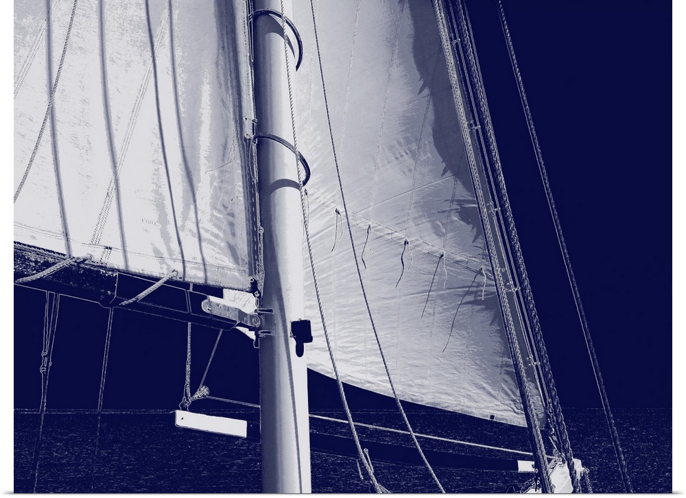 Indigo and white illustration of a sail from a sailboat.