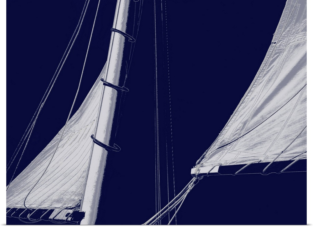 Indigo and white illustration of sails from a sailboat.