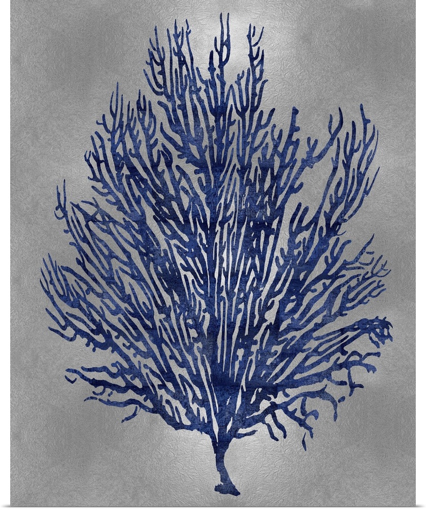Indigo silhouette of coral on a silver background.