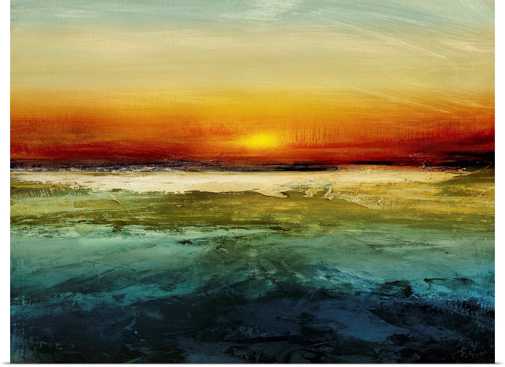 Contemporary abstract artwork features a setting sun on the horizon with a distressed texture throughout.