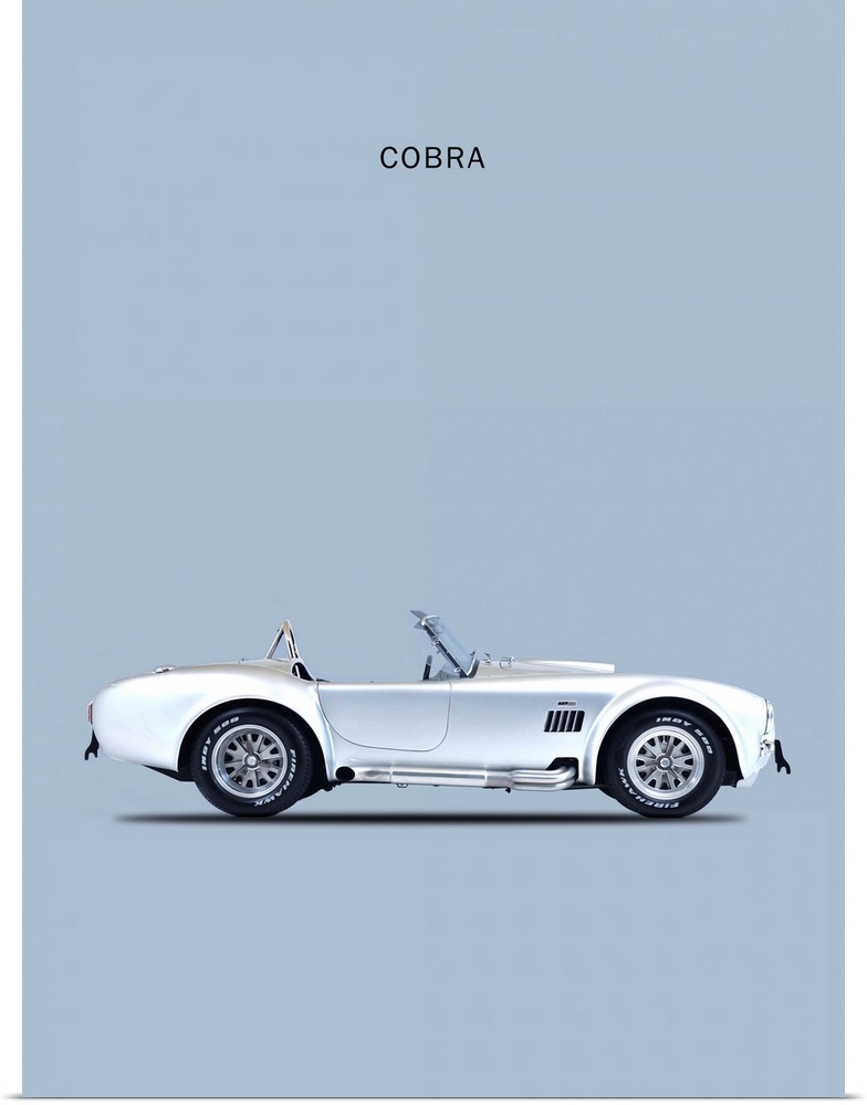 Photograph of a silver Shelby Cobra 65 printed on a silver background