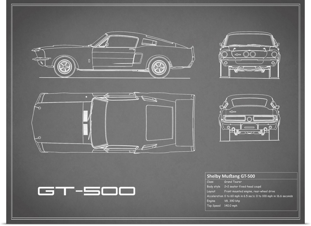 Antique style blueprint diagram of a Shelby Mustang GT500 printed on a Grey background