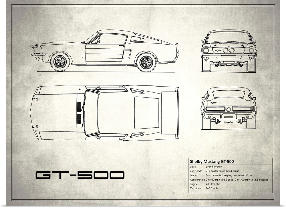 Antique style blueprint diagram of a Shelby Mustang GT500 printed on a weathered white and gray background.