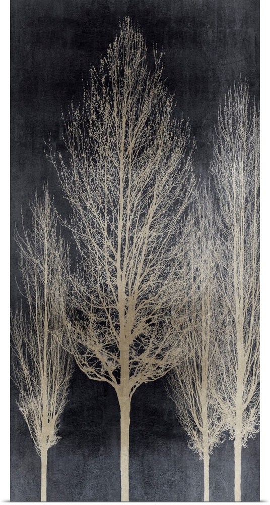 Decorative artwork featuring an aged silver silhouette of leafless trees over a distressed background.