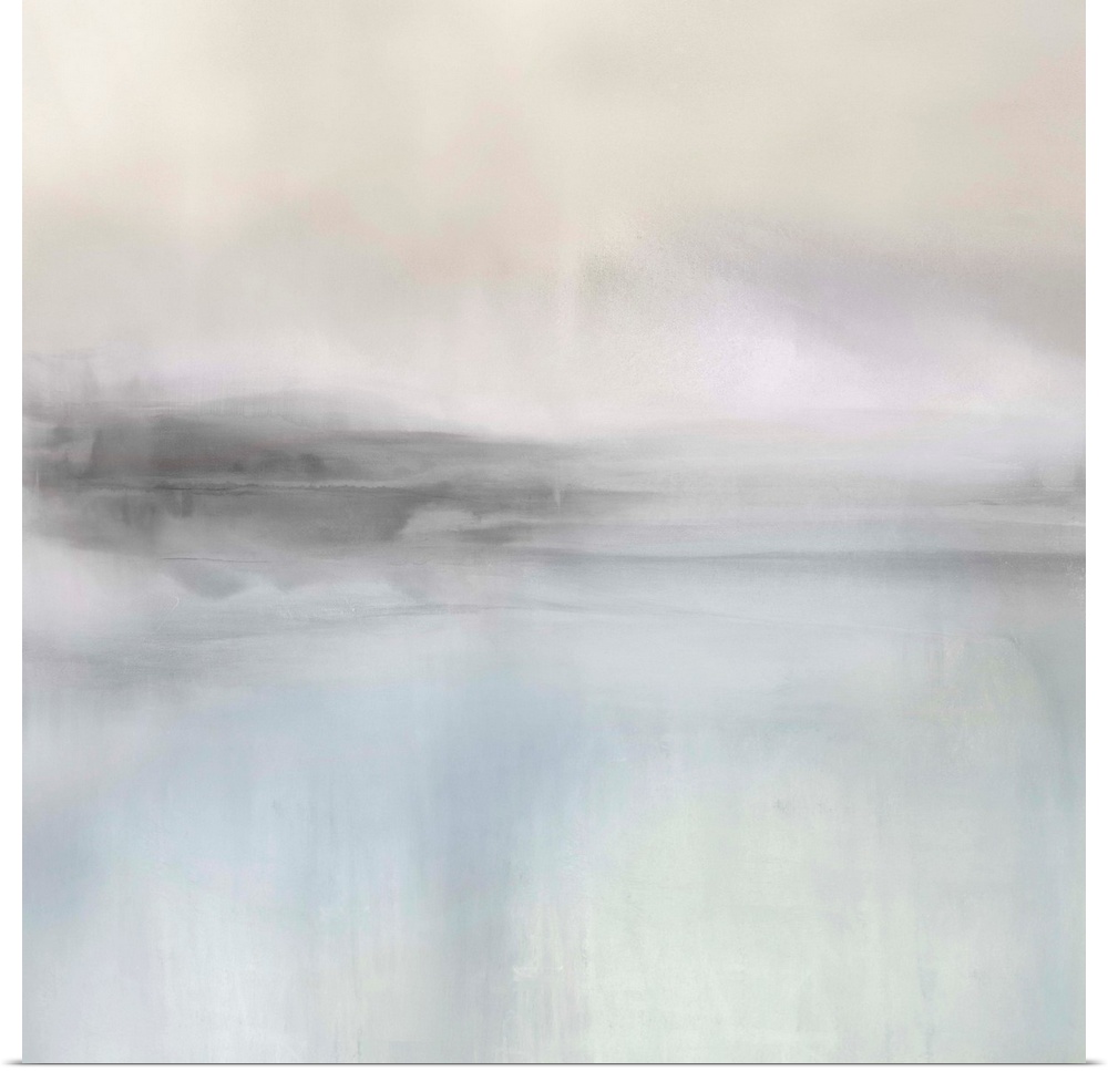 A square contemporary painting of an abstract landscape in muted tones.