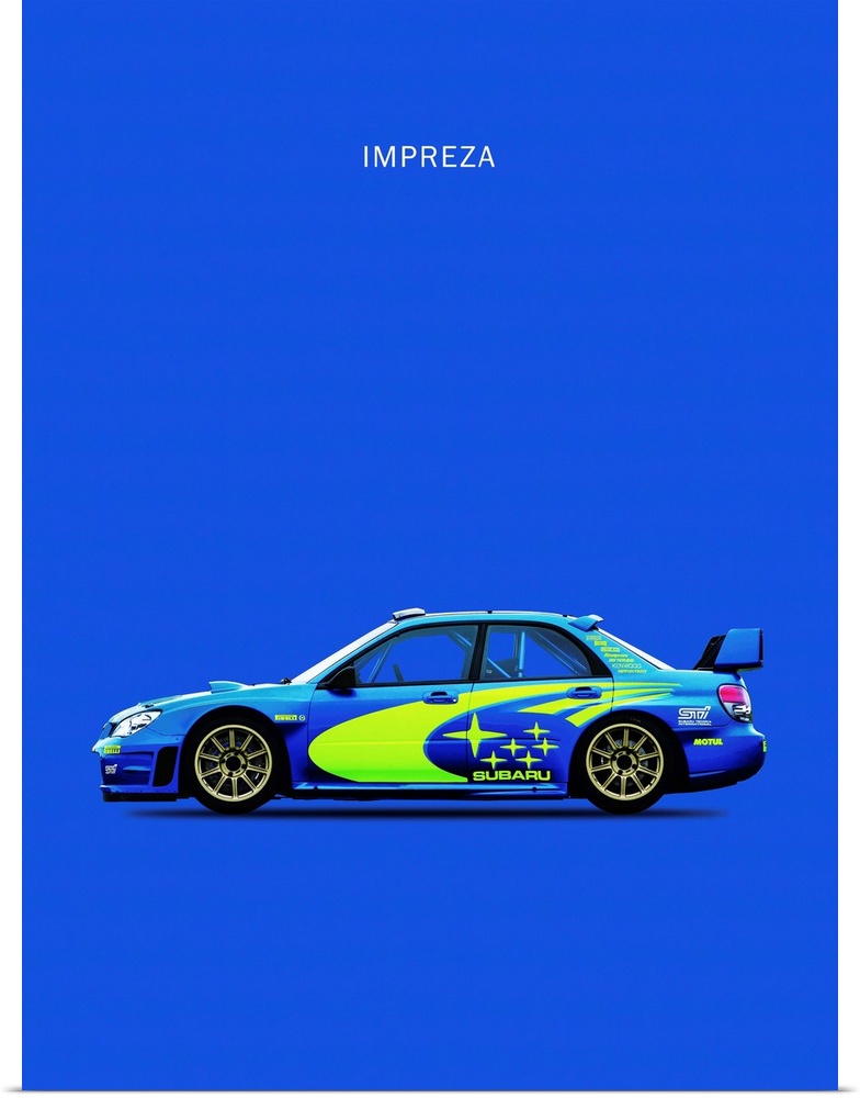 Photograph of a blue Subaru Impreza with bright green decals printed on a blue background
