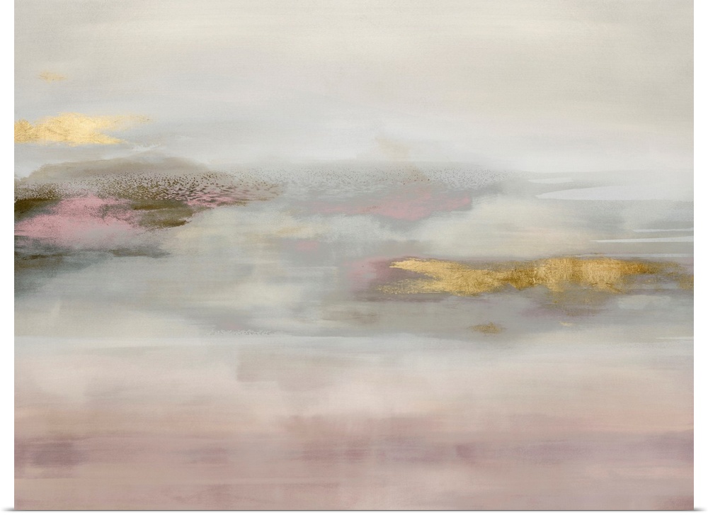Contemporary abstract artwork in muted pink and white tones with gold colored brush accents.