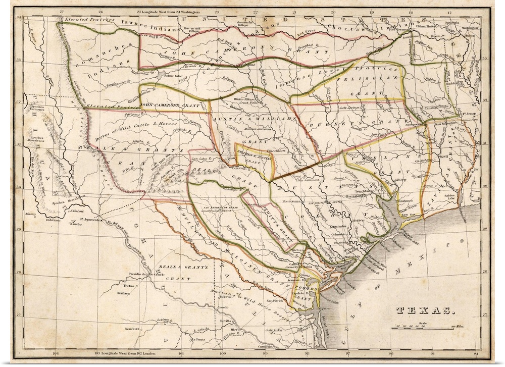 Antique historical map of Texas with highlighted boarders.