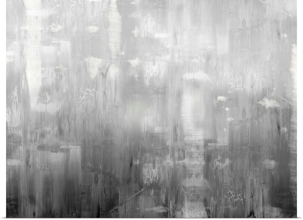 Large abstract painting with shades of gray streaking down the canvas.