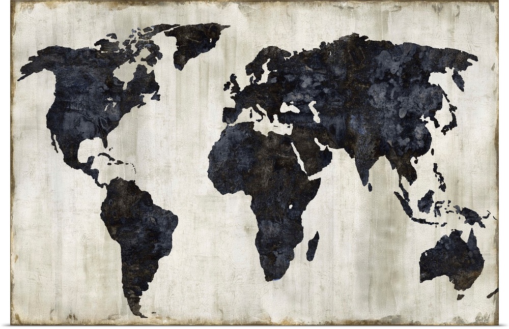 World map in black, silver, gold, and white.
