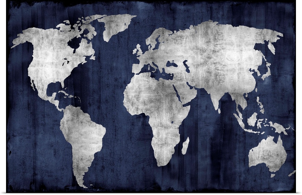 World map in navy and silver.