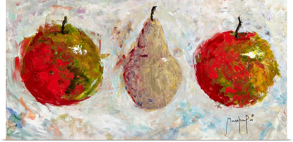 Still life painting of two apples and a pear with an abstract feel.