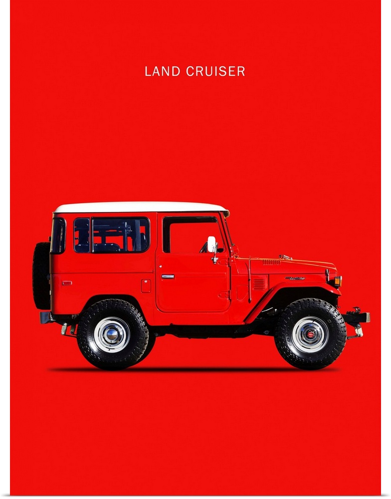 Photograph of a red Toyota Land Cruiser FJ40 1977 with a white hood printed on a red background