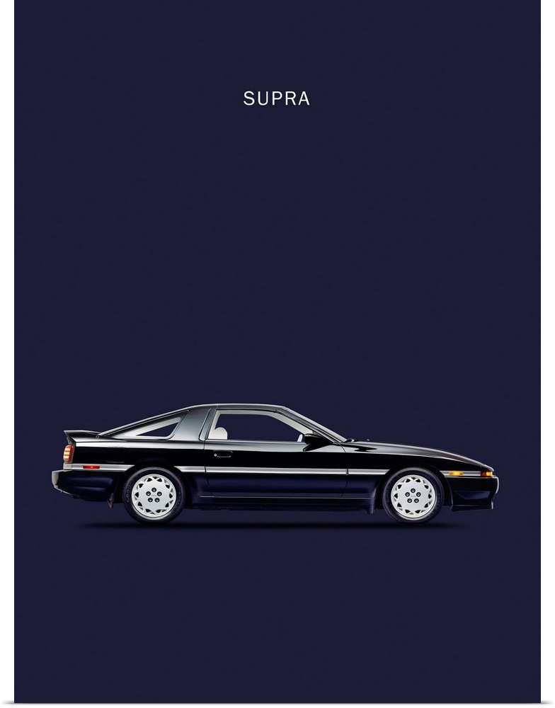 Photograph of a black Toyota Supra Turbo printed on a navy blue background