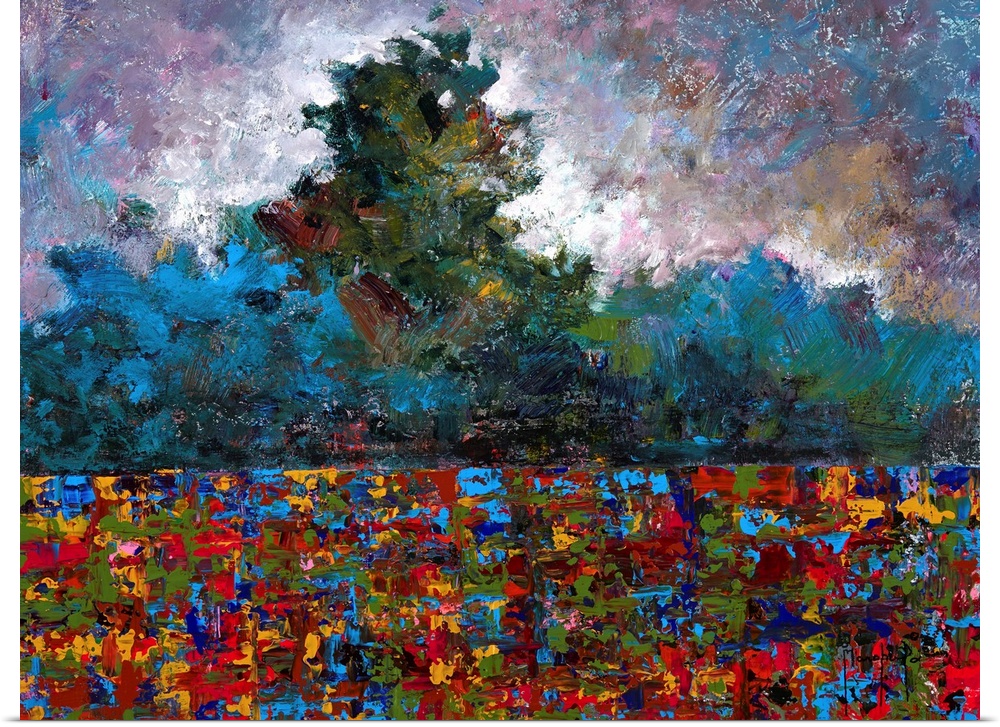 Abstract landscape created with many colors and small, layered brushstrokes.
