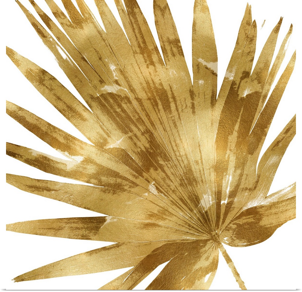 Square decor with a metallic gold silhouette of a palm leaf on a solid white background.