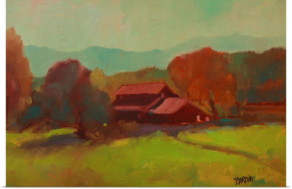 Contemporary landscape painting with a red barn surrounded by Autumn trees and mountains in the distance.