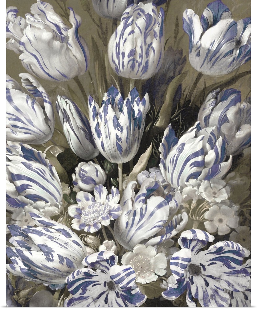 This romantic artwork features a tulip bouquet of white flowers with blue accents against a subdued background.
