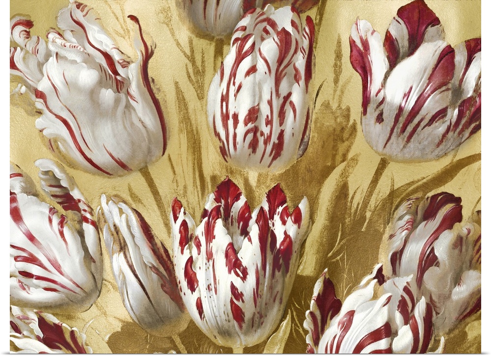 This romantic artwork features a tulip bouquet of white flowers with red accents against a gold background.