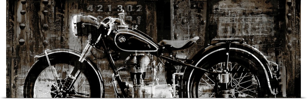 Panoramic decor with an illustration of a motorcycle on an industrial style background.