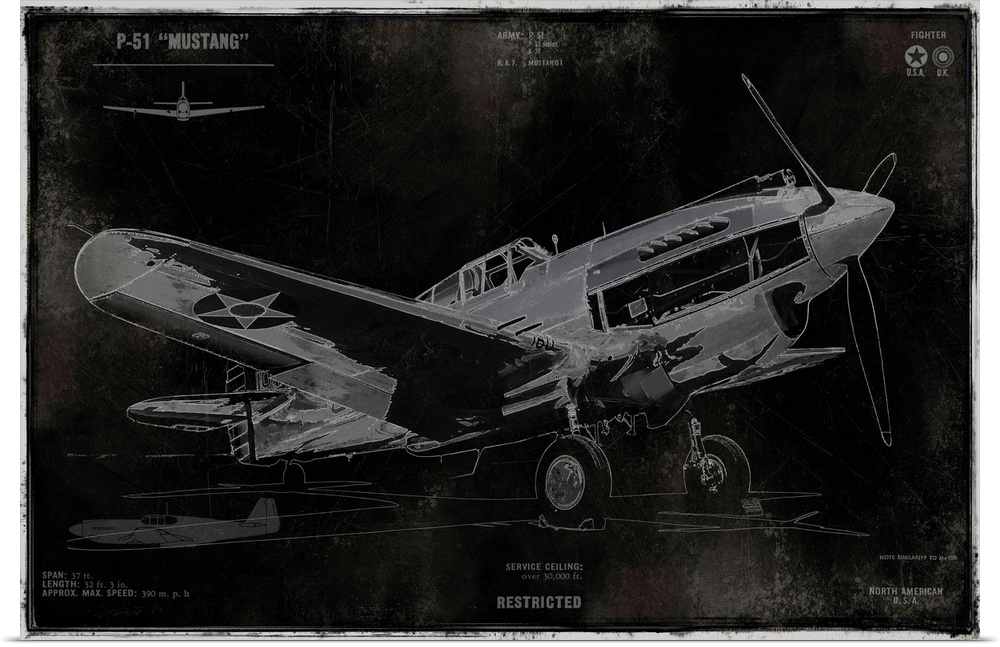 Silver illustration of a P-51 "Mustang" airplane on a black antique style background.