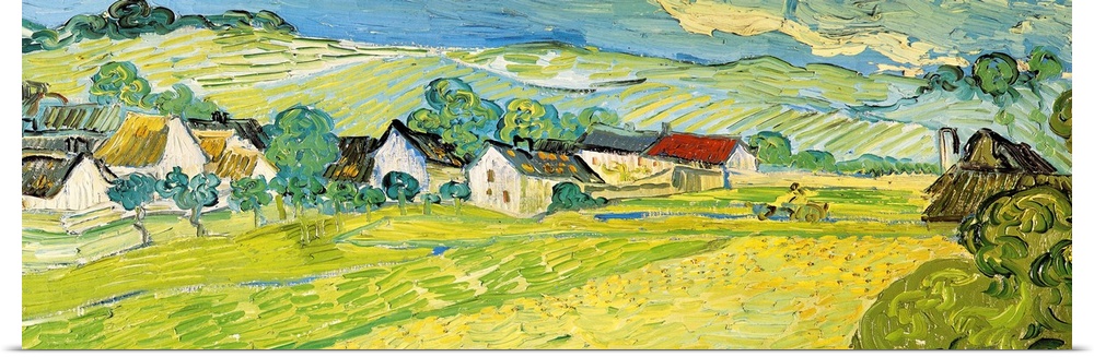 Painting of a beautiful landscape of a village and fields by Vincent Van Gogh.