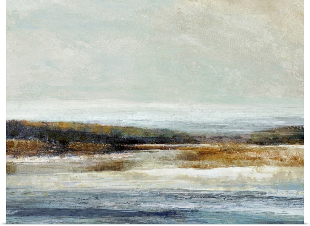 Abstract landscape artwork of the edge where land meets water in subdued colors.
