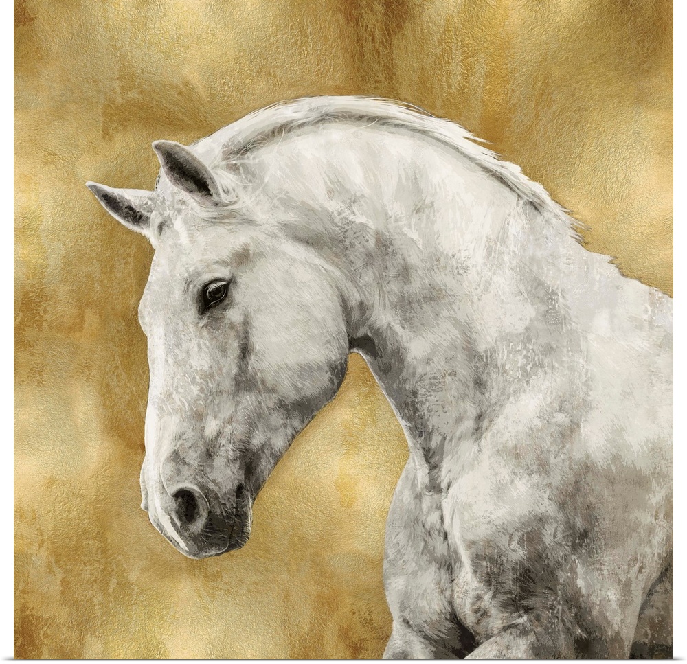 Square decor with a white stallion on a metallic gold background.