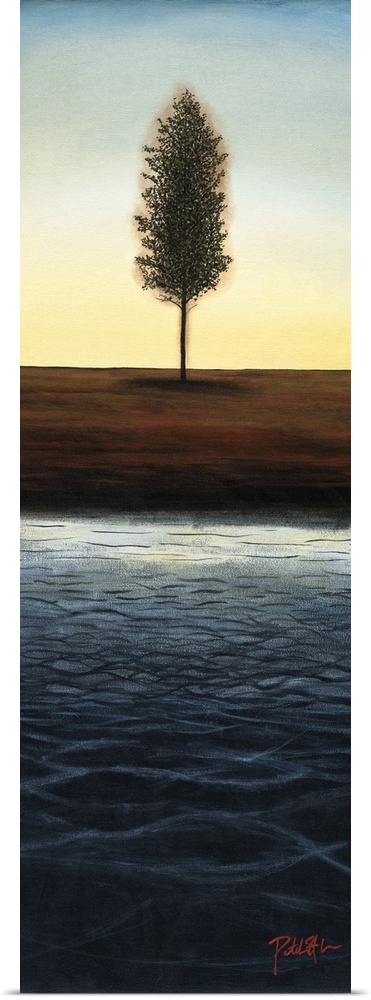 A long vertical painting of a single tree next to a body of water with the sun setting behind it.
