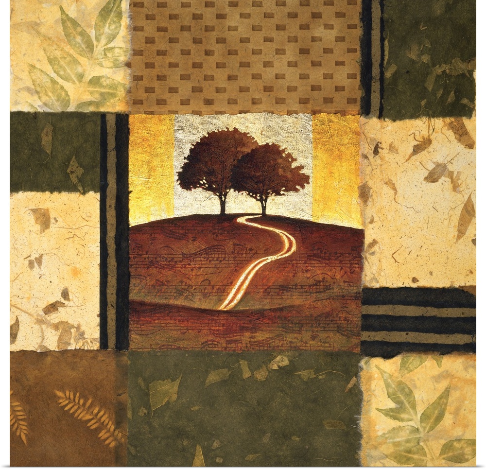 Square artwork of a landscape featuring a path leading to a couple of trees surrounded by a multi-colored square border.