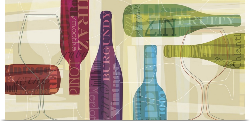 Horizontal artwork of multi-colored wine bottles with words associated with wine on them on a beige background with geomet...