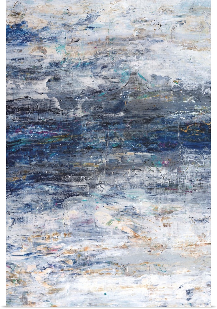 Vertical abstract painting in textured colors of blue, white, brown and gray.