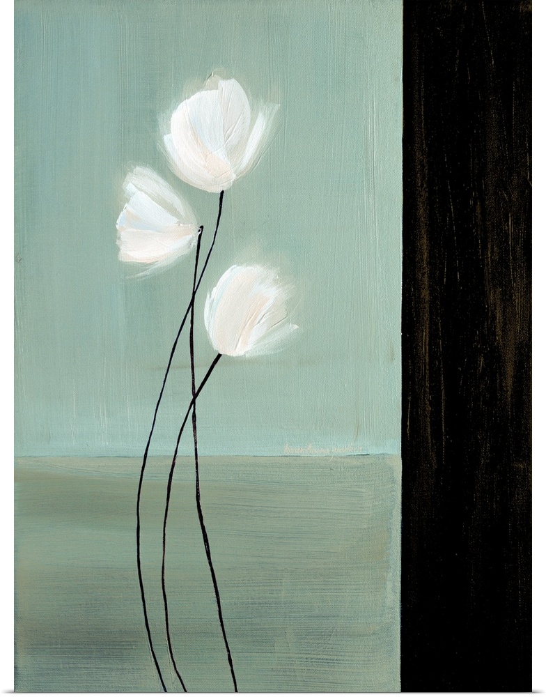 Vertical painting of three white flowers with long stems against a teal background with a black border on the right.
